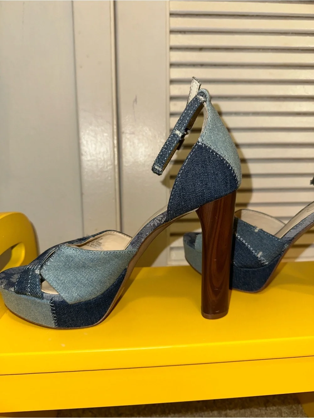 Jessica Simpson Patchwork Blue Denim Platform Sandals with Ankle Strap